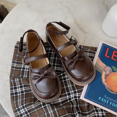 Pu Lolita Shoes Womens Retro Round Head Japanese Cute Bow Jk Uniform Shoe Cross Buckle Kawaii Cosplay Anime Sweet Student Girls