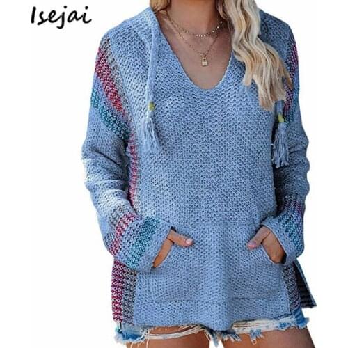 Hooded Knitting Sweater Womens Big Pocket Stripe Vintage Pullover Womens Fall Clothes for Women