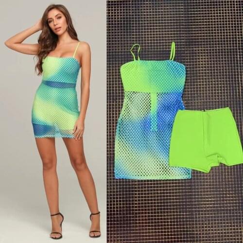 TOP Quality New Fluorescent Green Spaghetti Strap Fashion Sexy Mesh Women Mini Length Bandage Dress