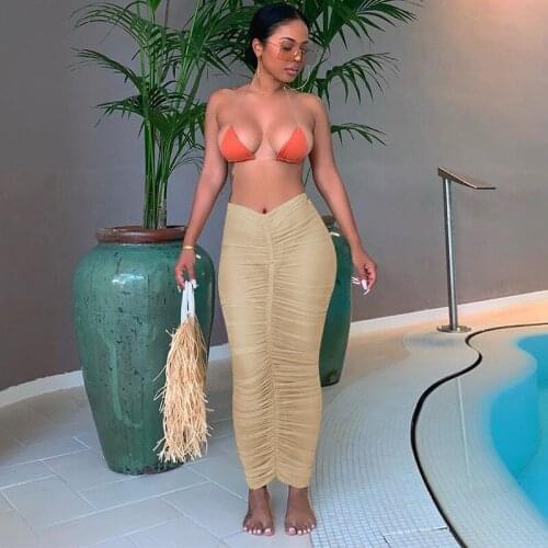 Thorn Tree 2021 Sexy Women Skirts Sexy Mesh Sheer See Thtough Pleated Skirt Beachwear Bikini Cover Ups Party Long Maxi Skirts