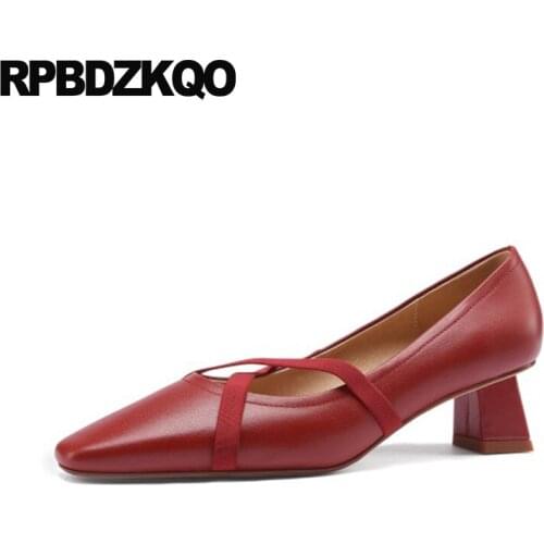 Medium Heels Women Pumps Genuine Leather Square Toe Wine Red Ribbon Size 33 Prom Shoes Girls Trending High Cross Strap Thick