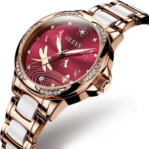 OLEVS Fashion Women Watches Ladies Brand Luxury Rhinestone Ceramic Strap Mechanical Watch Women Waterproof Watch Montre Femme