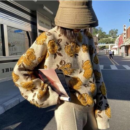 O Neck Long Sleeve Retro Loose Pullover Jumpers Sueter Mujer Vintage Flower Sweater Women Autumn New Knitted Tops