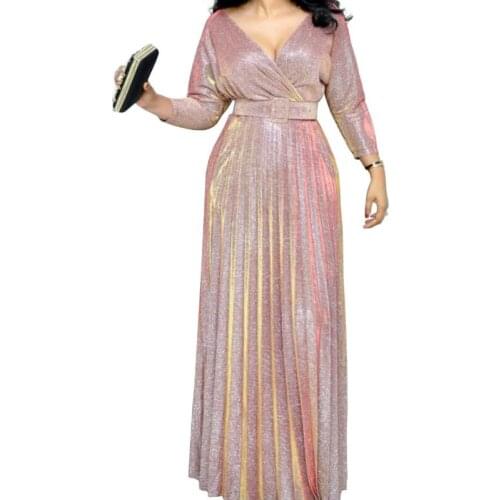 2020 Reflective Long Dresses Women Party Night Sexy V Neck Elegant Belt Glitter Maxi Pink Pleated Dress Vestidos Robe Femme