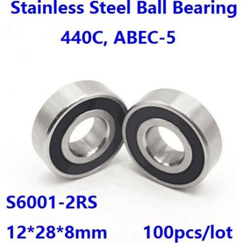 100pcs/lot S6001-2RS S6001RS ABEC-5 Stainless steel 12*28*8mm Deep Groove Ball bearing Double Rubber cover 12×28×8mm