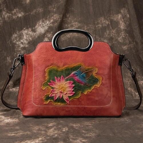 2021 Summer Genuine Leather Women Bag Handmade Floral Shopping Embossed Handbag Large Capacity Female Shoulder Messenger Bags