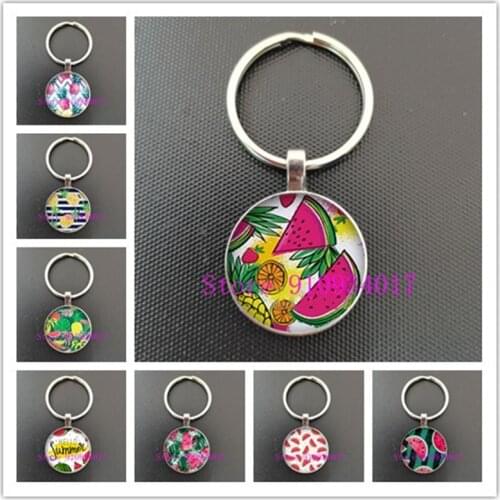 Watermelon fruit pineapple pattern round glass cabochon keychain, jewelry for men and women who like to eat fruit