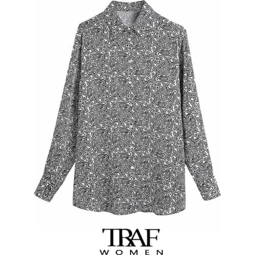 TRAF Za Women Fashion Paisley Print Loose Blouses Vintage Long Sleeve Button-up Female Shirts Chic Tops