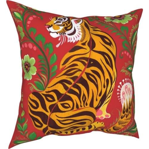 Tiger Folk Art Pillow Case Decoration Animal Cushions Throw Pillow for Home Polyester Double-sided Printing Creative