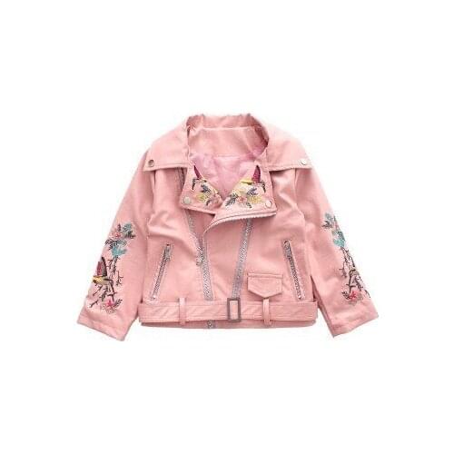 Girls Leather Jackets Fashion Embroidery Autumn PU Leather Outwear Zipper Lapels Girl Windbreaker Children Jacket Coat 3-10 T