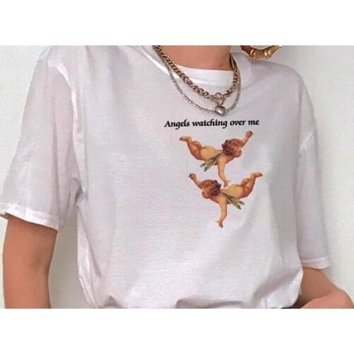Angels Watching Over Me Cherubs Print T-Shirt Women Retro Style Aesthetic Cute White Tee Hipsters Fashion vintage graphic Top