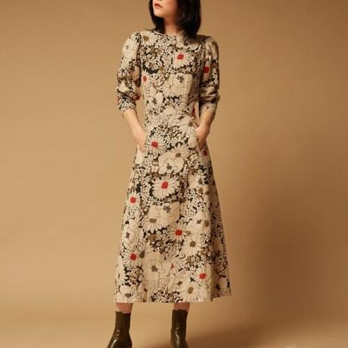 Hot sale latest design ladies long dress floral print cocktail dress long sleeve retro dress