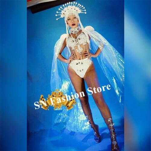 K20 Perspective cloak belly dance pearl bodysuit singer wears stage ballroom dance costume party performance DJ dress clothe bar