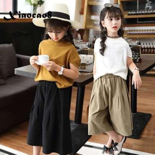 Teenage Girls Clothes Sets Short Sleeve Tops + Loose Wide Leg Pants Summer Kids Clothing Toddler Children Outfits 8 10 12 14Year
