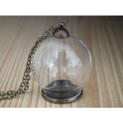 30x20mm Mini round ball glass globe bronze base set Transparent vial pendant,with chain, rice wishing glass bottle pendant