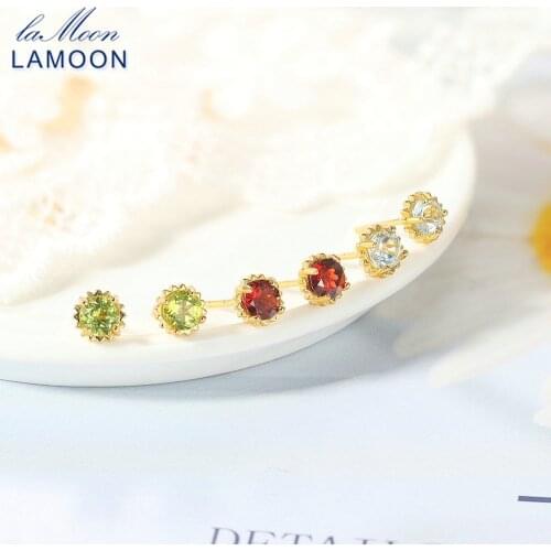 LAMOON 925 Silver Earring For Women Star Stud Earrings Natural Stone Gernet Topaz Peridot 14K Gold Plated Fine Jewelry LMEI156