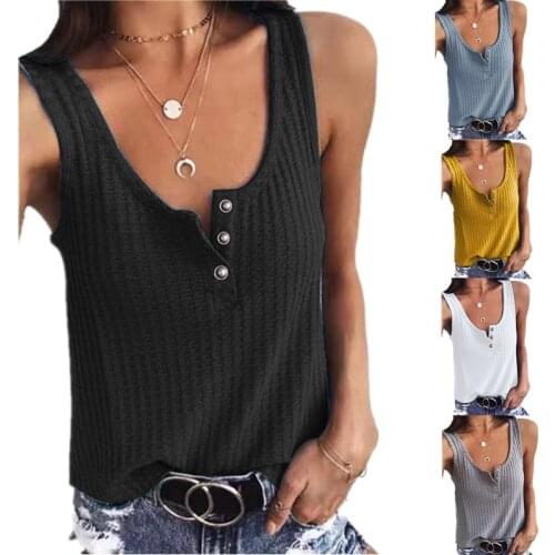 Summer Sleeveless Tank Shirt Women Casual Loose Harajuku Solid Color U Neck Off Shoulder Button Tshirt Plus Size Clothing