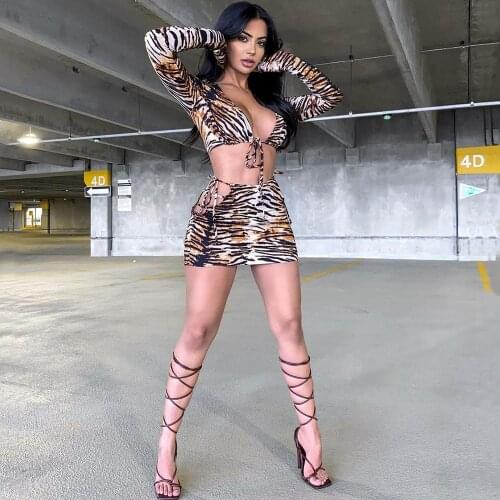 SUJYing New 2021 Summer Fashion Womens Sexy Nightclub Tiger Skirt Suit Criss-Cross Drawstring Mini Skirt Long-sleeved