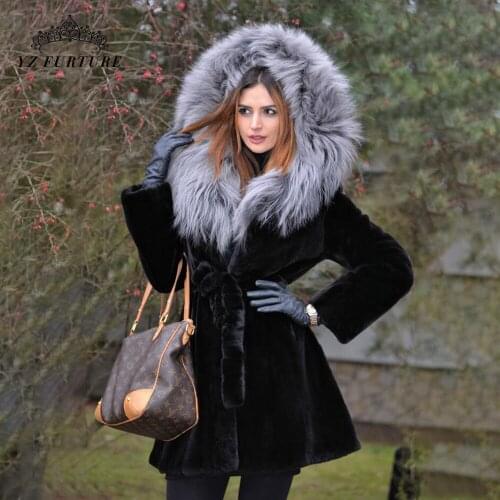 2021 New Winter Women Real Rex Rabbit Overcoat Fur Fox Fur Hat Thick Warm Outwear Belt Design Fashion Elegant Outer Clothing