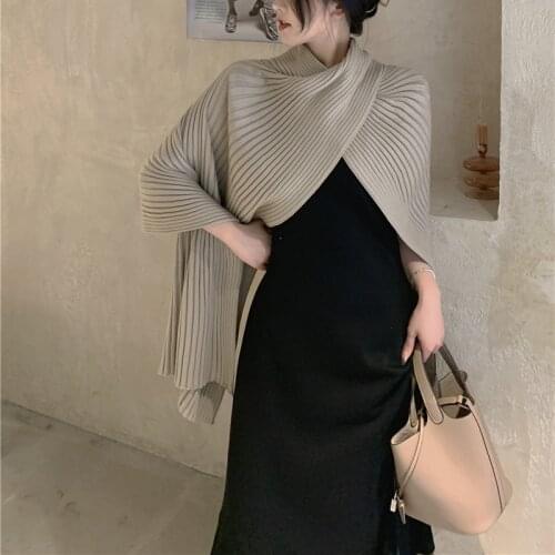 Autumn and winter womens sweater casual solid color high neck shawl irregular sweater