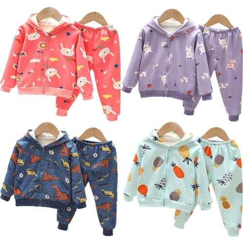 Autumn Girls Clothing Sets Toddler Boys Velvet Hooded Jacket Coats Pants Baby Outfits Tracksuit For Kids Cartoon Clothes Set