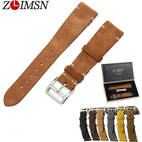 ZLIMSN Mens Female Genuine Leather Watch Bands Replacement 20mm Black Brown Watchband Silver Polished Stainless Steel Buckle