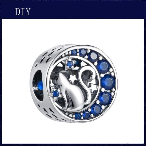 Silver Shiny cat standing on the moon bead fit Pandora Charm Silver 925 Bead Pendant Bangle with stylish DIY jewelry