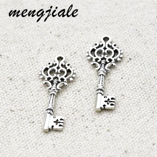 20pcs Vintage Antique Silver Hollow Small Key Charms Alloy Metal Pendants For Jewelry Accessories Making 31*12mm