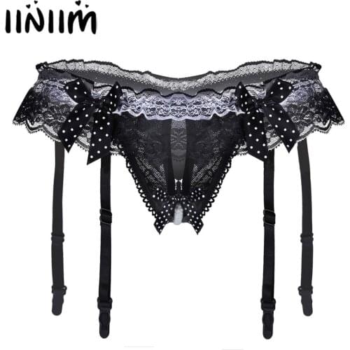 UK STOCK Women Femme Lingerie Crotchless Open Back Lace Bowknot G-string Briefs Underwear Underpants with Garters Sexy Panties