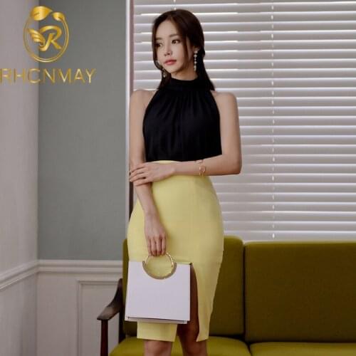 New Summer Women Skirt Set 2020 Fashion Black Mesh Sleeveless Shirt Tops + High Waist Split Pencil Skirts Suit