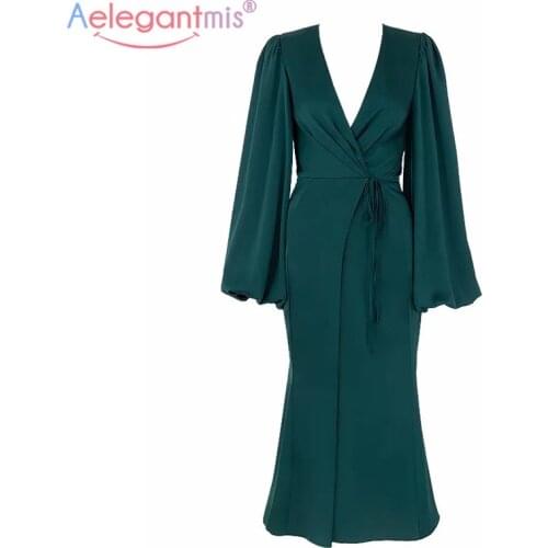 Aelegantmis Lantern Sleeve Satin Long Dresses Women Split Sexy Trumpet Dress Sashes Vintage Soft Mermaid Vestidos Mujer Female