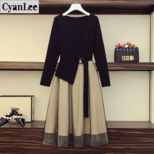 Cyanlee Plus Size Women Elegant A-Line Dress Autumn 2020 Fashion Black Long Sleeve Cotton Patchwork Polka Dot Mesh Long Dresses