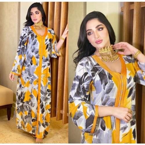 Muslim Print Dress Women Dubai Abaya Caftan Marocain Evening Dresses Long Sleeve Kaftan Maxi Dress Robe Arabic Islamic Clothes