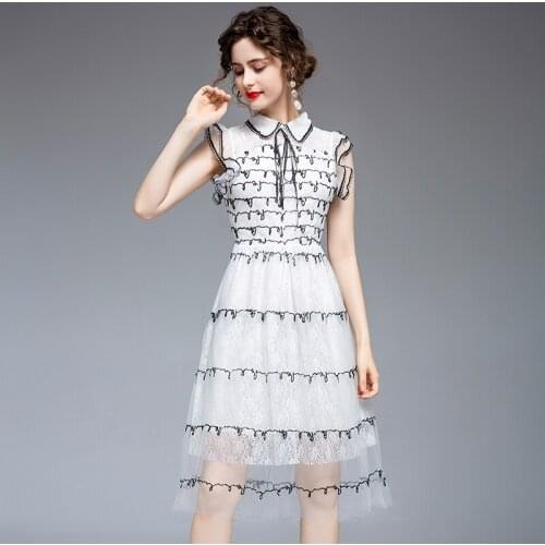 2021 High Quality Fashion runway Summer Dress Medium-Length Sequined Mesh Embroidered Dress