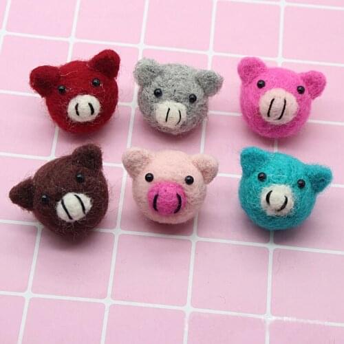 5pcs/lot Handmade Wool Felt Craft Dolls DIY Jewelry 3D Kawaii Animal Pig Head Button Patch Sticker for Girls Hair Elastic Head