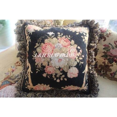 FREE SHIPPING 15K 16"X16" Handmade Needlepoint pillow Hand Knotted roses cushion NO INSERTION