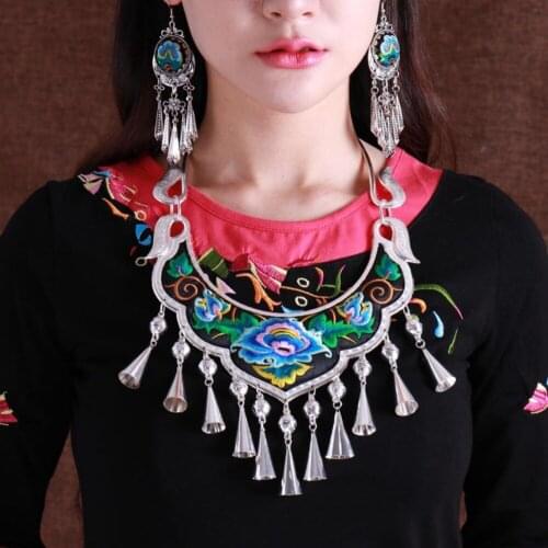 Free shipping charming ethnic wind retro Necklace sweater long chain pendant Miao silver Embroidered Flower peony tasse