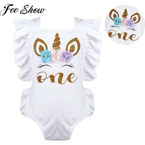Infant Baby Girls 1st Birthday Bodysuits Ruffles Short Sleeve White Rompers Backless Cute Printed Girls Princess Jumpsuits
