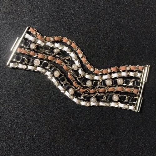 Brand Color Copper Chain Colorful Leather Fashion Praty Jewelry Big Cuff Bracelet Vintage