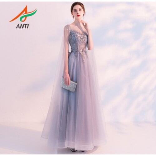 ANTI Elegant Evening Dress Long 2019 Appliques Beading Banquet Party Dress Stunning Tulle Full-Sleeve Pearls Tie Robe De Soiree