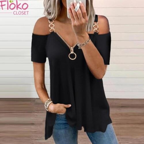 Flokocloset Summer Sexy Metal Sling Zipper Off Shoulder Short Sleeve T-shirt Casual Tees Tops for Women