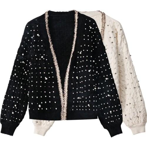 Jastie Winter Korean Style Sweet Womens Coats Pearl Decoration Long Sleeve Warm Knitted Sweater French Cardigans 2021