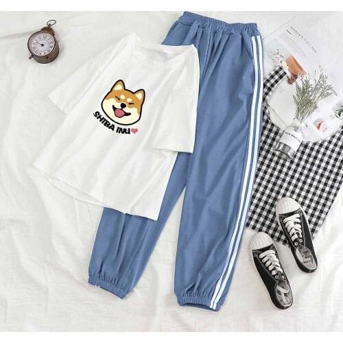 Cartoon Two Piece Set Women Outfits for Women Matching Sets Cute Dog Print Graphic Tees Streetwear Pant Suits Korean Style Suits