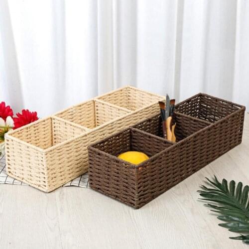 Storage Basket Desk Organizer Storage Box Handmade Space Saving Rural Style Three Grids Desktop Box Makeup Storage Basket