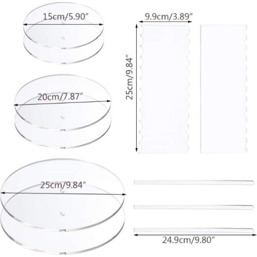 11 Pieces Acrylic Round/Square Cake Disk Set Circle Base Boards with Center Hole Pillar Comb Scrapers Dowel Rod Butter Cream