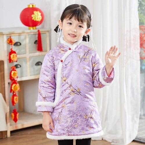 New Children Girls Cheongsam Chinese Style Long Sleeve New Year Flower Embroidery Dress Thick Winter Girls Warm Dress 2-12Y