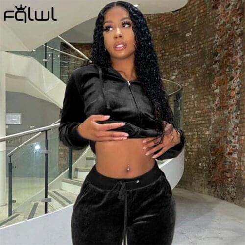FQLWL Fall Streetwear Black Two 2 Piece Set Tracksuit Women Outfiit Hooded Tops Skinny Pants Suits Pink Velvet Matching Sets