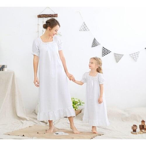 Mother and Daughter Pajama Nightdress Short Sleeve Woven Cotton Parent-child Outfits Family Matching Square Neck Long Dress