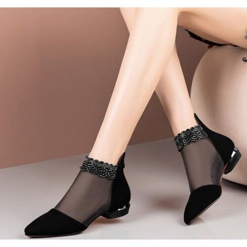 New Summer Sandals Pointed High Heels Women Shoes Black Lace Ankle Flower Low Heel Zipper Flowers Casual Sandals