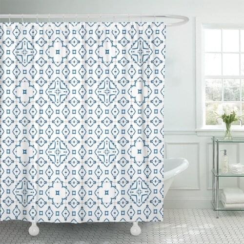 Blue Moroccan in Traditional Like Portuguese Tiles Pattern Abstract Shower Curtain Waterproof 72 x 72 Inches Set with Hooks